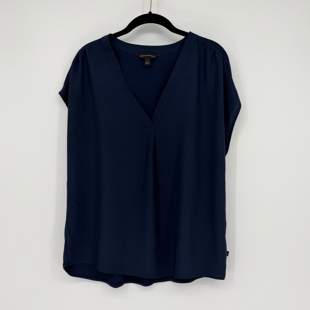 Banana Republic Navy Blue V-Neck Pleated Cap Sleeve Blouse Large Mixed Media Top